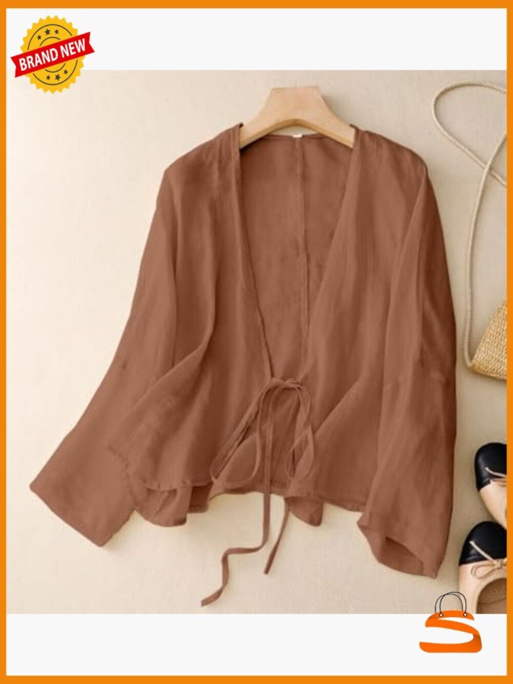 Casual Cotton Linen Cardigan, V-Neck Tie Front, Batwing Sleeve, Lightweight - Picture 6 of 6